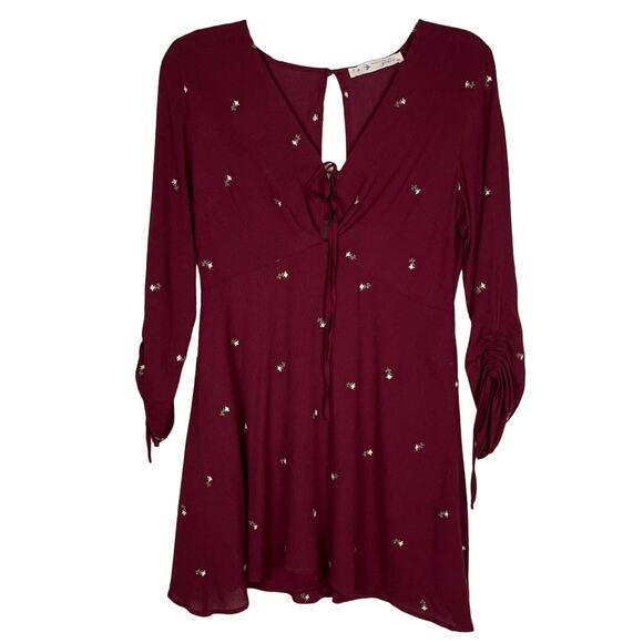 GRACE | Long Sleeve Midi Dress Floral Embroidered Burgundy L - Picture 1 of 11